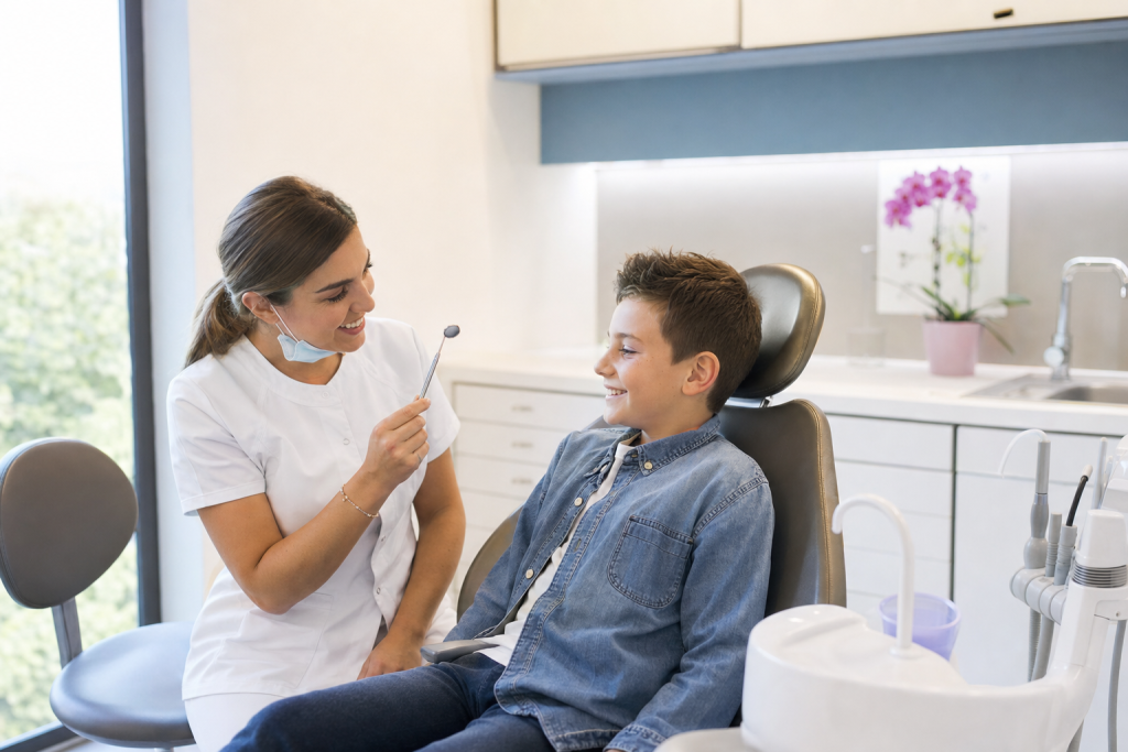 Bambino sorridente durante una visita di controllo dal dentista
