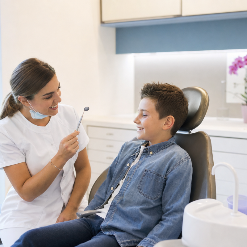 Bambino sorridente durante una visita di controllo dal dentista